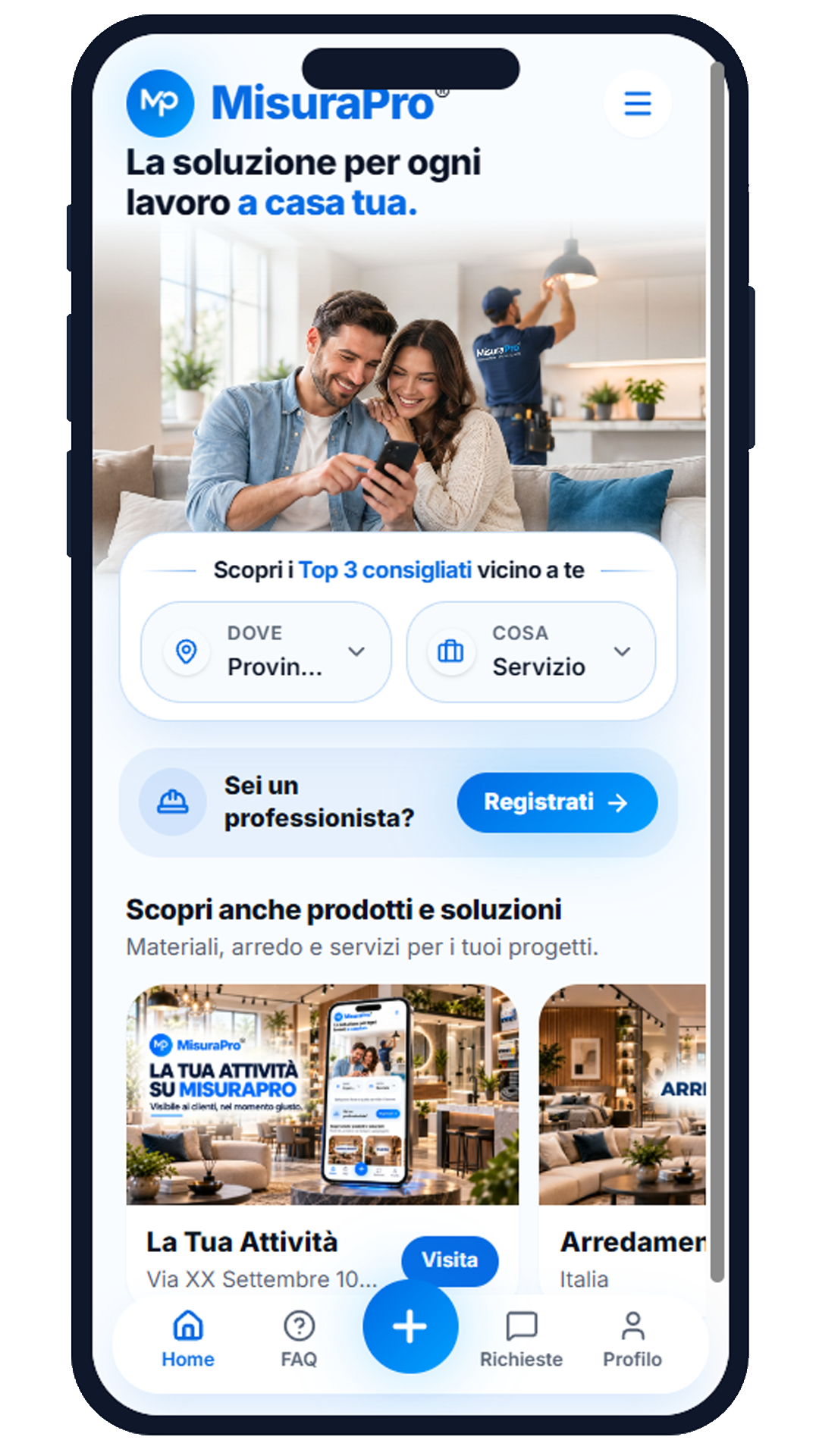 Nuova schermata Home dell'app MisuraPro con ricerca professionisti e prodotti consigliati