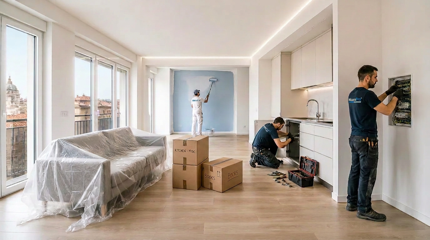 Idraulico, elettricista e imbianchino al lavoro in un appartamento ristrutturato
