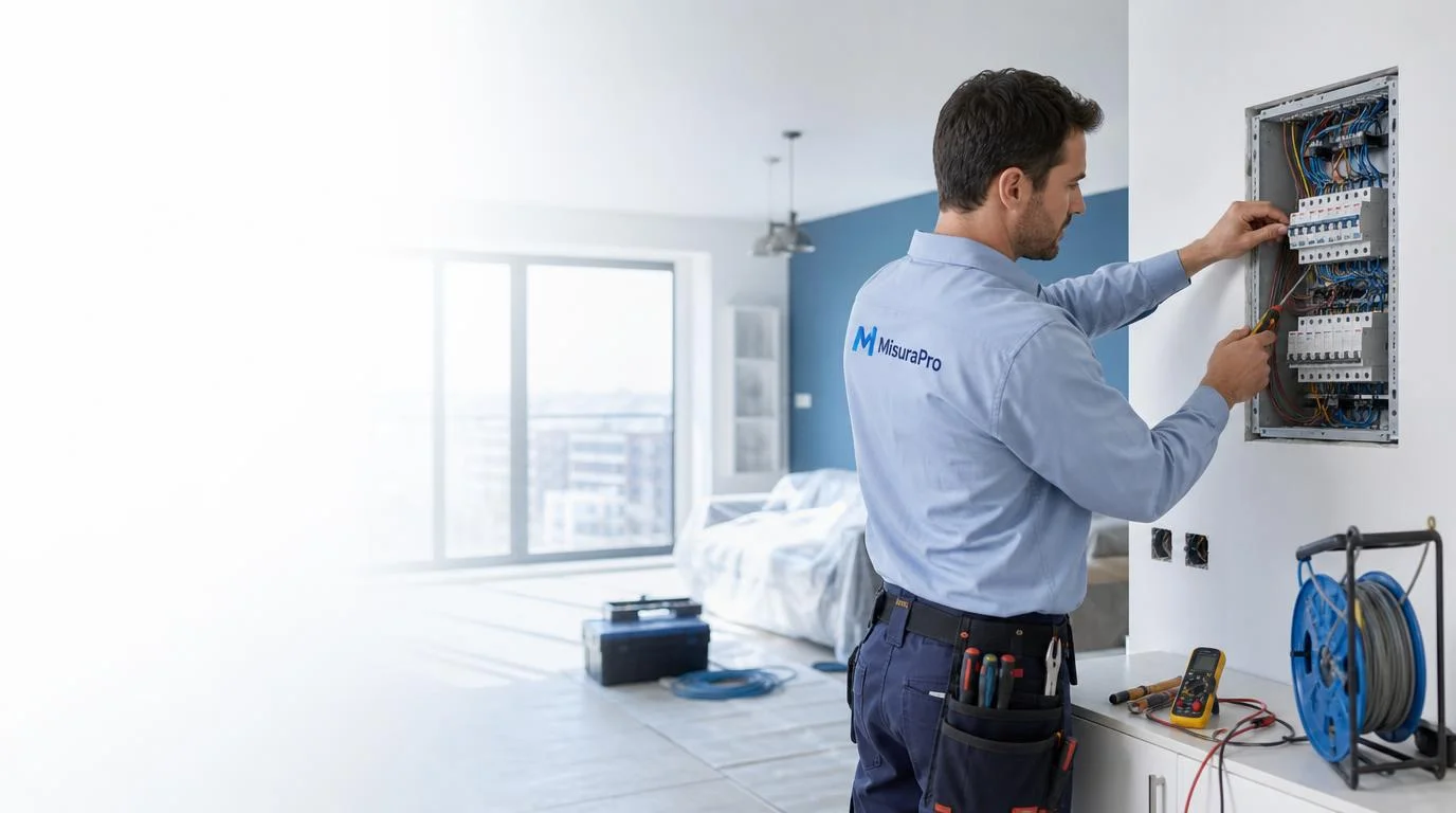 Elettricista MisuraPro al lavoro su un quadro elettrico in un appartamento moderno Elettricista MisuraPro al lavoro su un quadro elettrico in un appartamento moderno