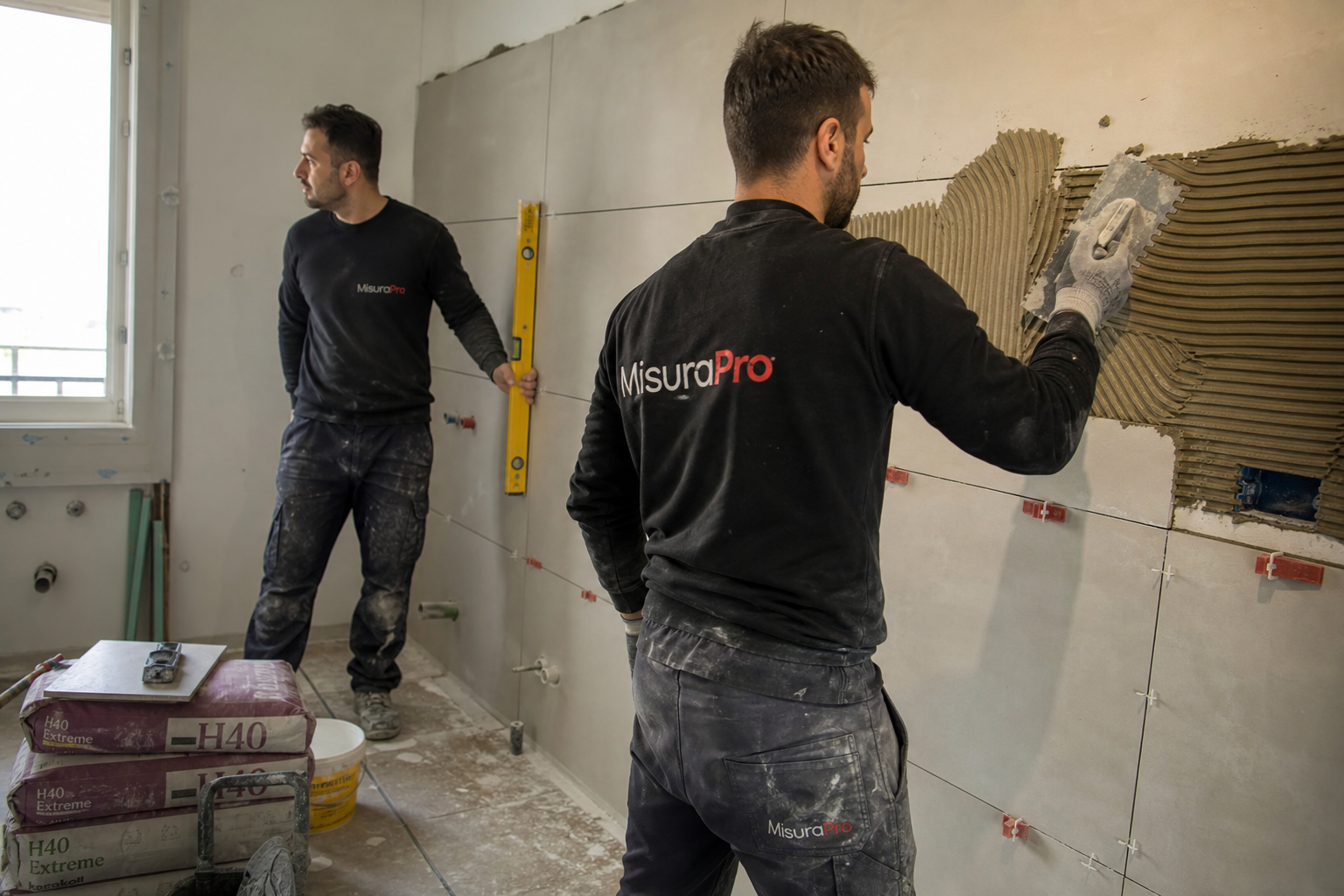 Professionisti MisuraPro posano i rivestimenti durante il rifacimento completo di un bagno a Arezzo Professionisti MisuraPro posano i rivestimenti durante il rifacimento completo di un bagno a Arezzo