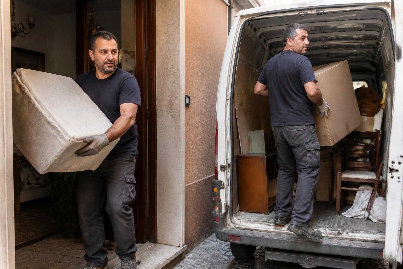 Operatori MisuraPro caricano mobili e scatole su un furgone durante uno sgombero a Agrigento Operatori MisuraPro caricano mobili e scatole su un furgone durante uno sgombero a Agrigento