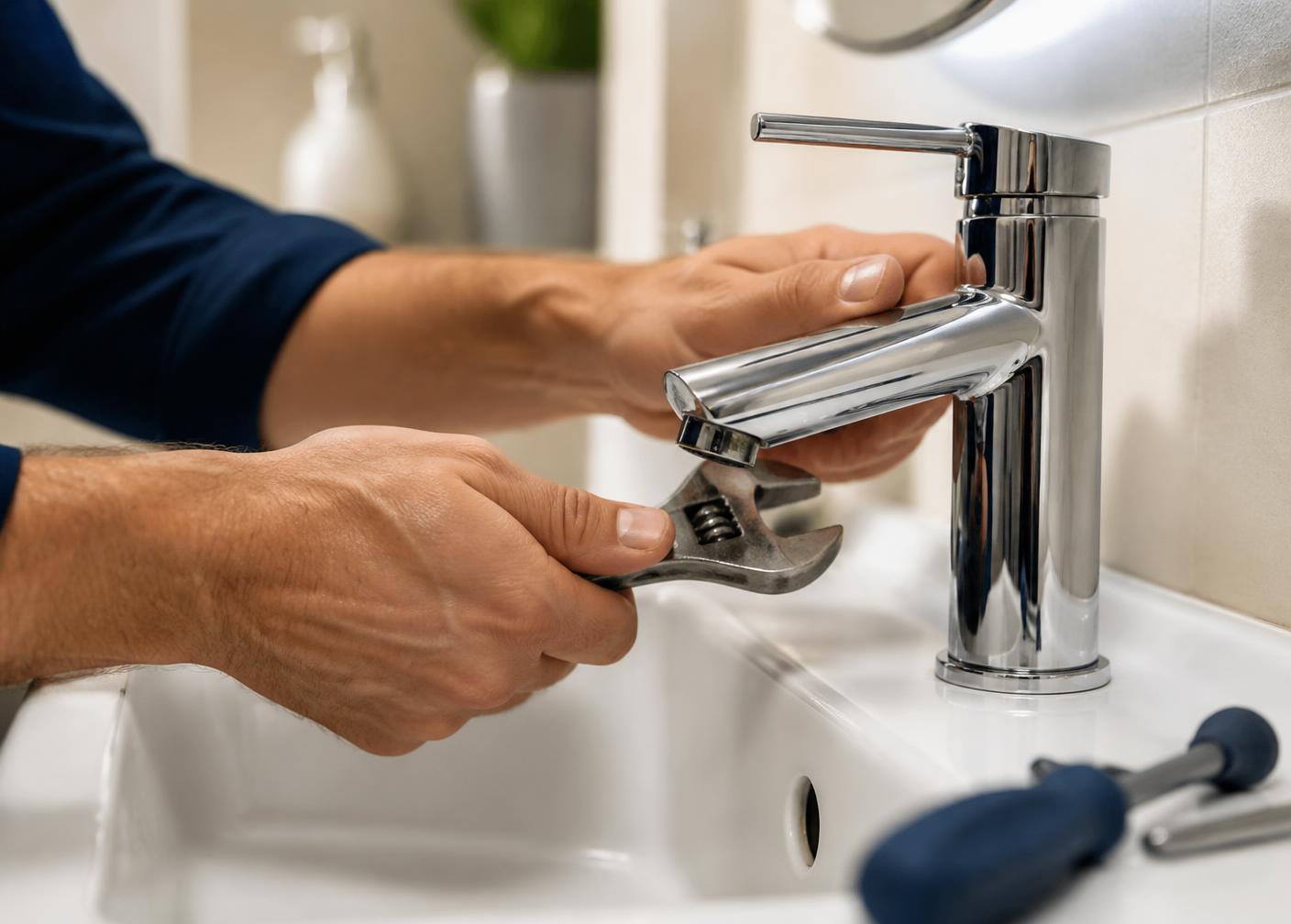 Idraulico che sostituisce un rubinetto in un bagno moderno a Milano