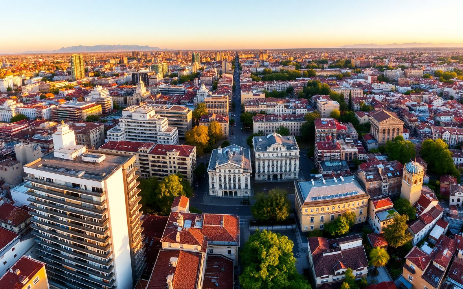 Vista dall'alto dei quartieri di Milano al tramonto